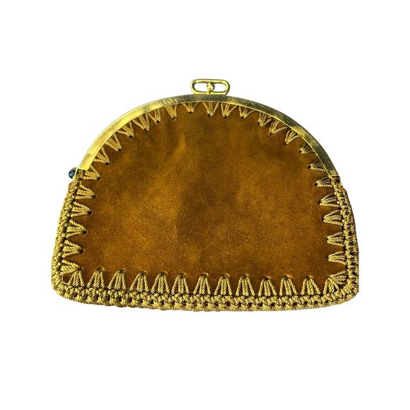 Vintage Neiman Marcus Made in Spain BOHO brown Suede Leather Gold Frame Clutch - Picture 2 of 4